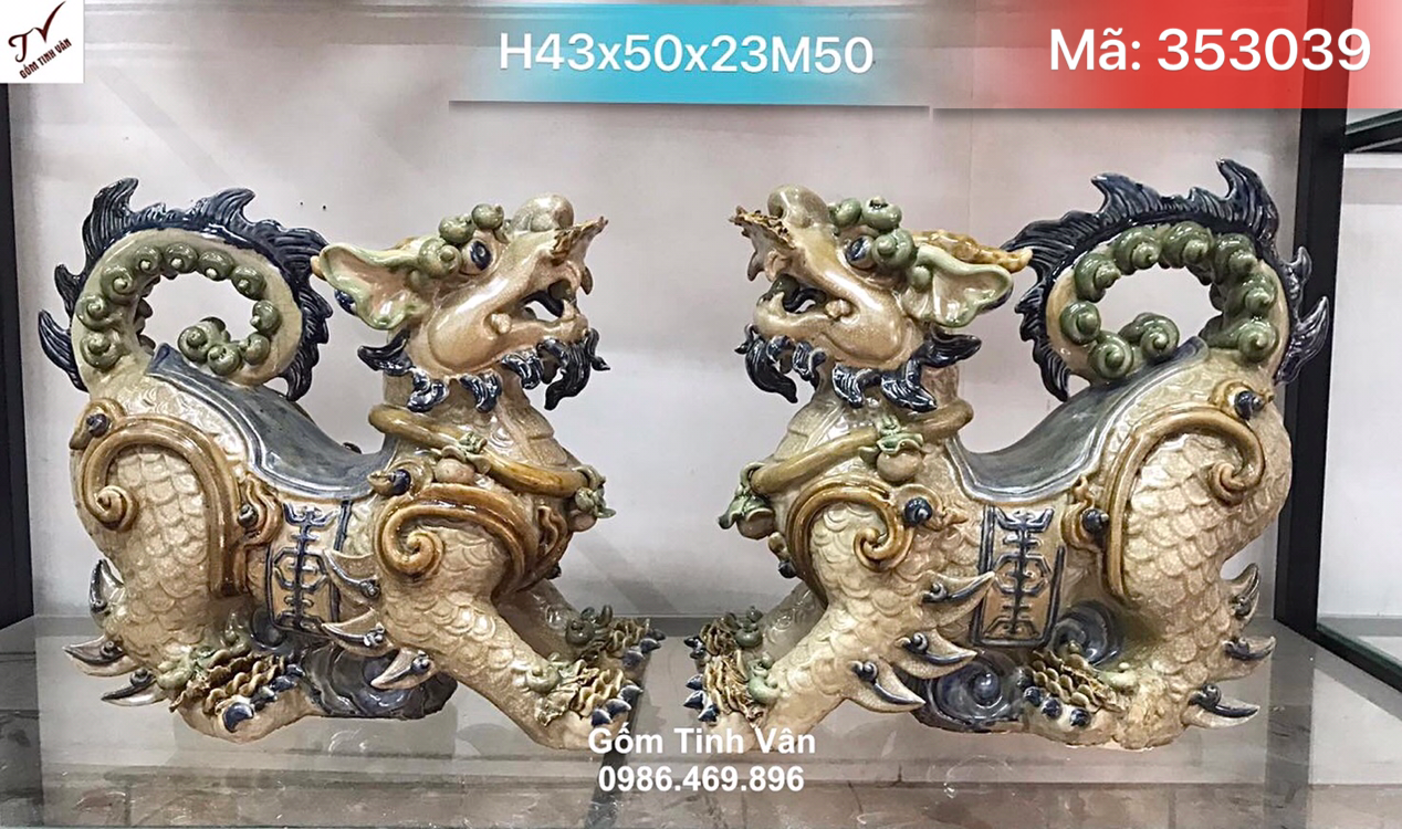 Tượng cặp nghê, kỳ lân men rạn cổ, mã 353039, kích thước 43x50x25 cm, tượng gốm phong thuỷ, gốm bát tràng cao cấp