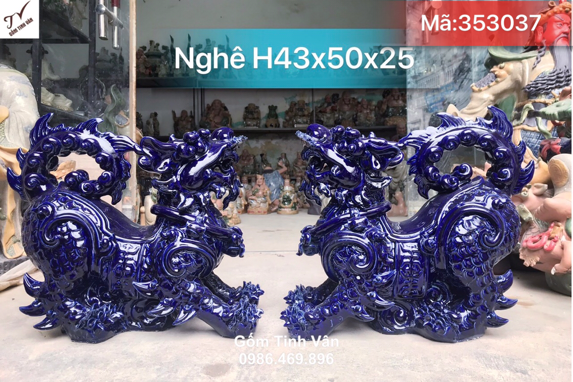 Tượng cặp nghê, kỳ lân men xanh lam tím, mã 353037, kích thước 43x50x25 cm, tượng gốm phong thuỷ, gốm bát tràng cao cấp