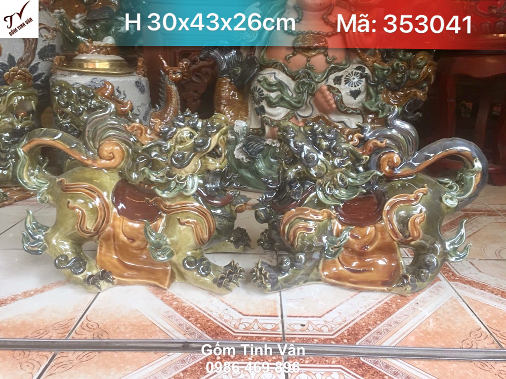 Tượng cặp nghê, kỳ lân men xanh ngọc lục bảo, mã 353041, kích thước cao 30 x dài 42 x rộng 26 cm, tượng gốm phong thuỷ, gốm bát tràng cao cấp