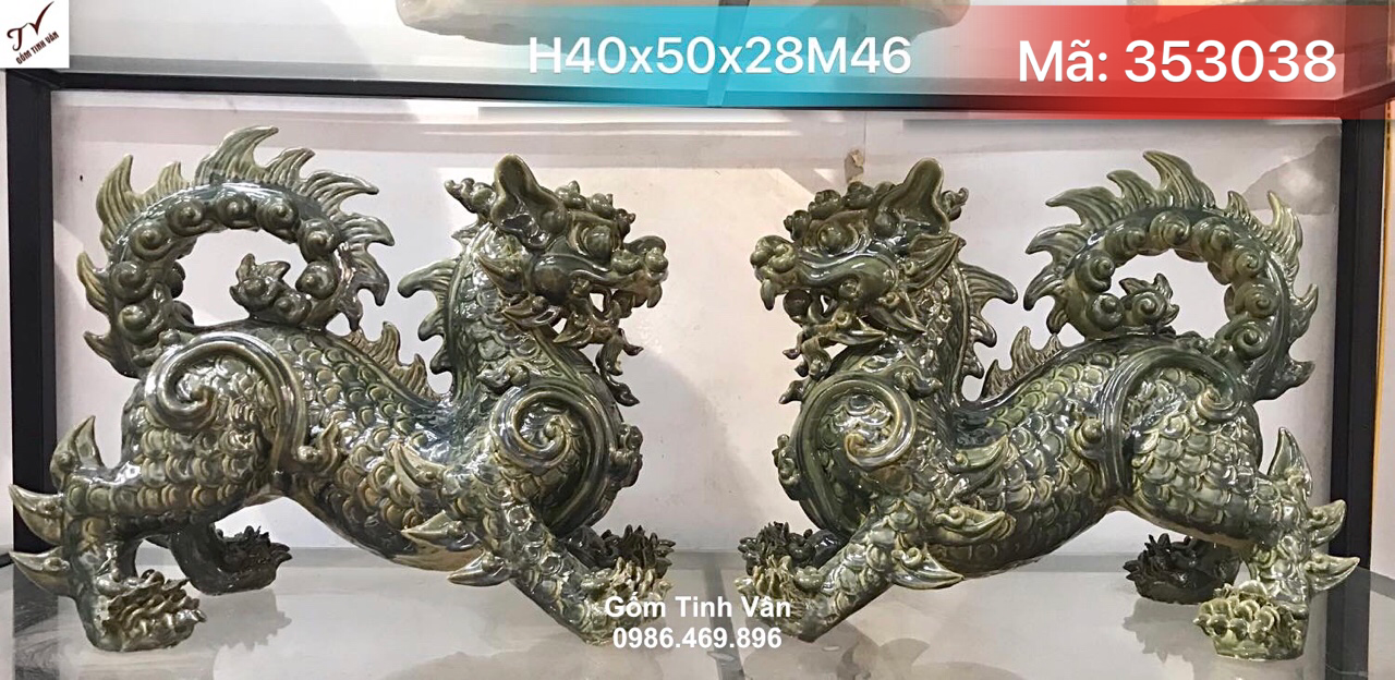 Tượng cặp nghê, kỳ lân men xanh ngọc lục bảo, mã 353038, kích thước 40x50x28 cm, tượng gốm phong thuỷ, gốm bát tràng cao cấp