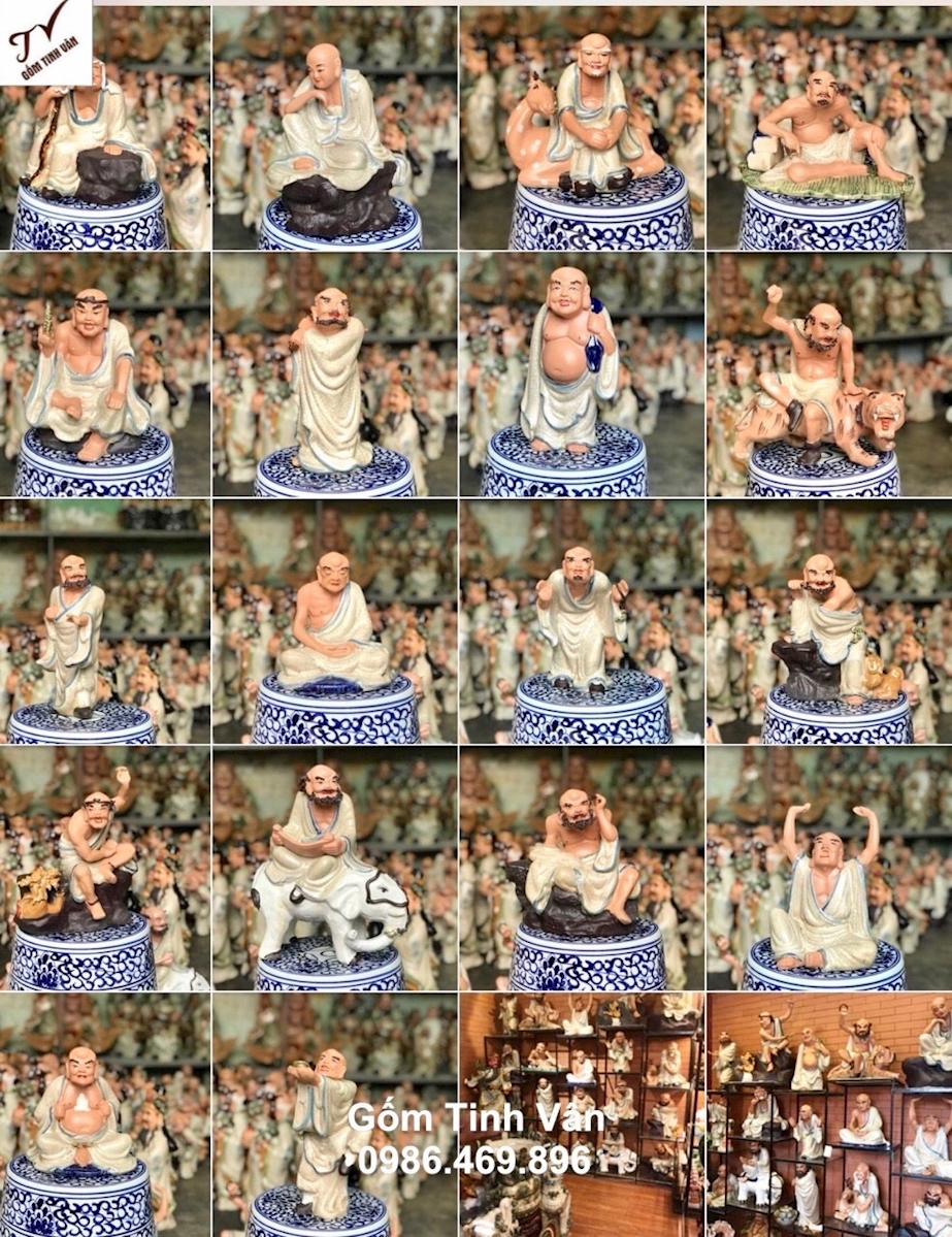 Trọn bộ tượng thập bát la hán gốm sứ, mã 355004, cỡ trung 30-35 cm, men rạn cổ, bộ tượng phong thuỷ, điêu khắc tinh xảo, thập bát la hán gốm bát tràng cao cấp
