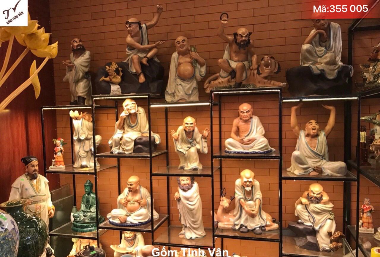 Trọn bộ tượng thập bát la hán gốm sứ, mã 355005, men rạn cổ, cỡ lớn 35-45 cm, bộ tượng phong thuỷ, điêu khắc tinh xảo, thập bát la hán gốm bát tràng cao cấp