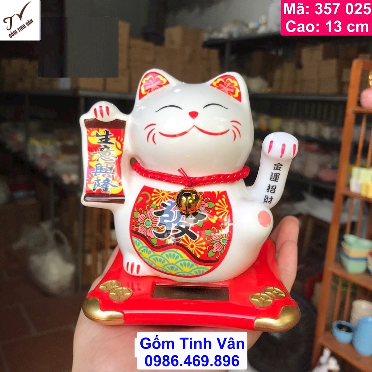 Mèo thần tài vẫy khách, mã 357025, cao 13 cm, mèo khai vận phát tài, thiên khách vạn lai, bát phương tụ tài, niên niên phát tài, gốm sứ đẹp, sắc nét. gốm tinh vân