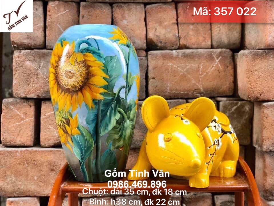 Chuột vàng canh tý, mã 357022, gốm sơn mài, vẽ hoa đào, 35x18 cm, mang đến tài lộc, may mắn, bình gốm 38x22 cm, gốm phong thuỷ bát tràng tinh vân