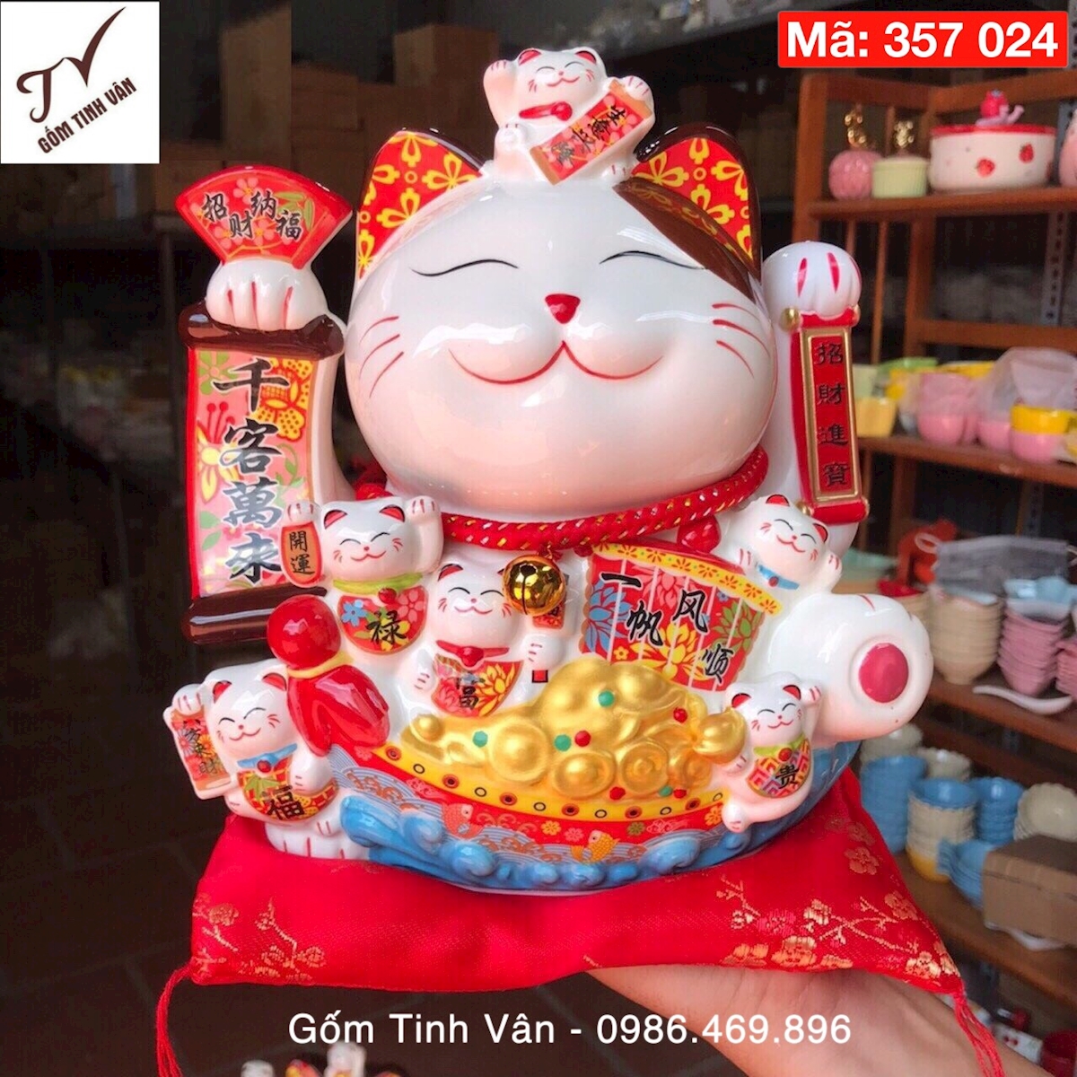 Mèo thần tài vẫy khách, khai vận, phát tài, mã 357024, mèo hút khách phong thủy, cao 26-30-33-38 cm, thiên khách vạn lai, gốm tinh vân