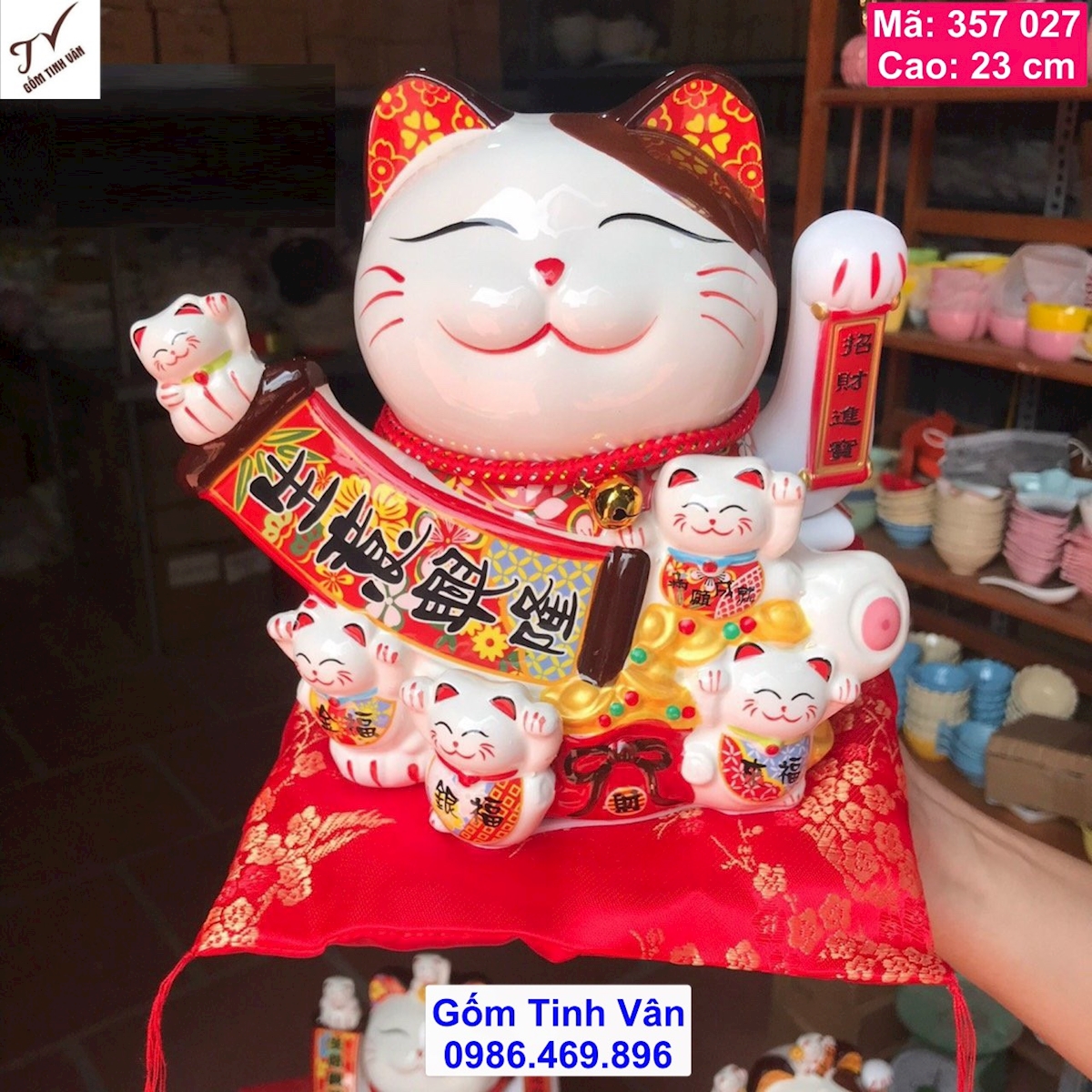 Mèo thần tài vẫy khách, mã 357027, cao 23 cm, mèo đại cát đại lợi, thuyền thiên kim, tài lộc viên mãn, khai vận phát tài, gốm sứ đẹp, sắc nét, gốm tinh vân