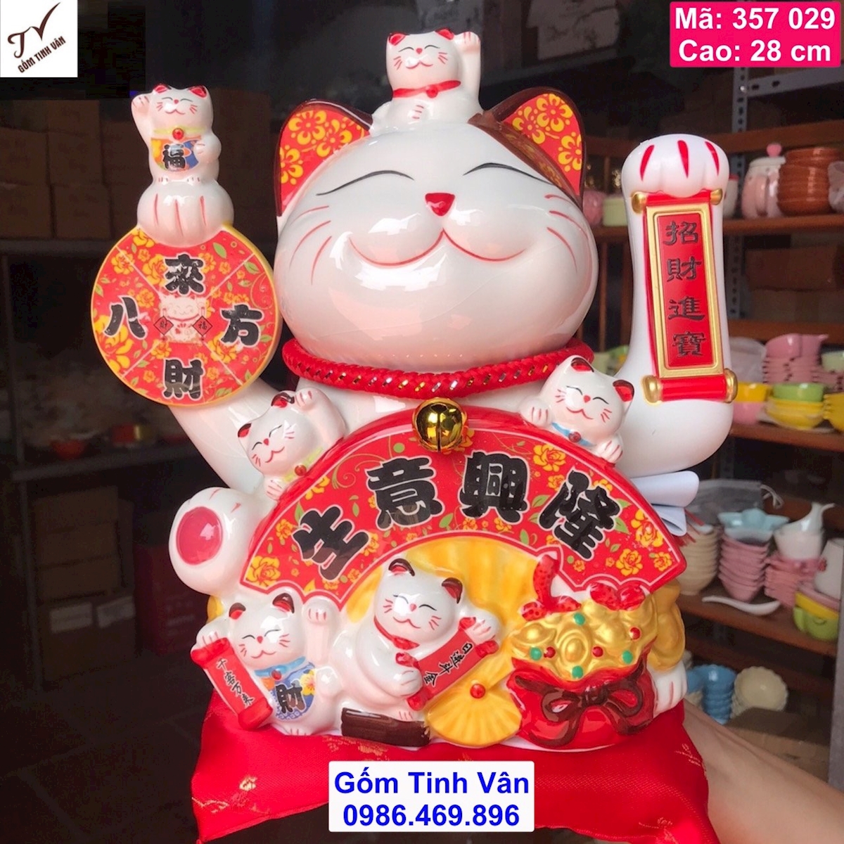 Mèo thần tài vẫy khách, mã 357029, cao 28 cm, mèo khai vận phát tài, thiên khách vạn lai, bát phương tụ tài, niên niên phát tài, gốm sứ đẹp, sắc nét, gốm tinh vân