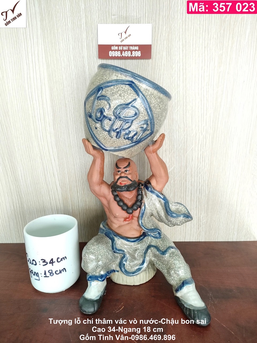 Tượng lỗ chí thâm vác vò nước, mã 357023, cao 34 ngang 18 cm, chậu cây bon sai nhỏ để bàn, men rạn cổ, lộc phát đắp nổi 3D, tượng có hồn, sắc nét, ý nghĩa phong thủy, trang trí sân vườn, tiểu cảnh