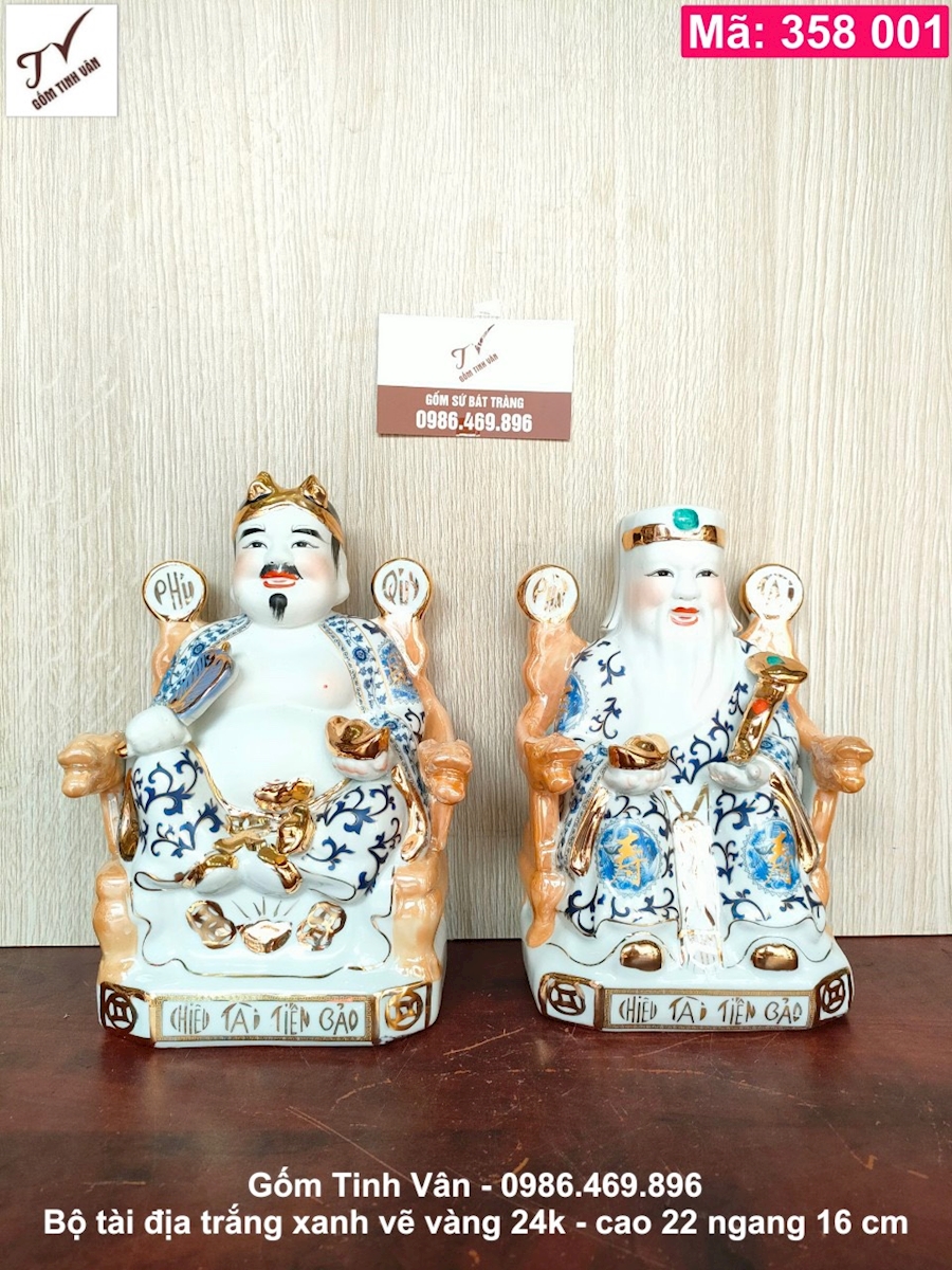Bộ 2 tượng tài địa, mã 358001, men trắng xanh vẽ vàng 24 k cao cấp, cao 22 cm, đồ thờ cúng phong thủy, gốm bát tràng tinh vân