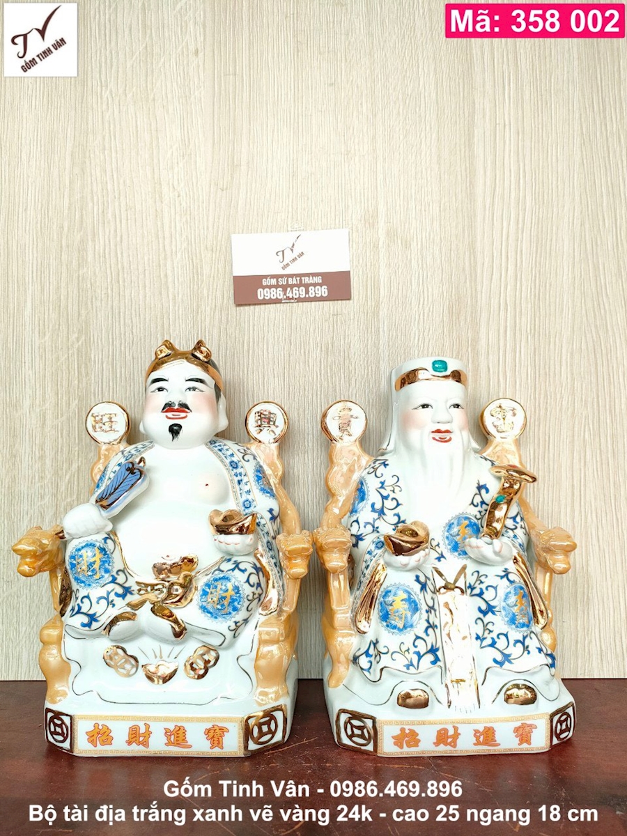 Bộ 2 tượng tài địa, mã 358002, men trắng xanh vẽ vàng 24 k cao cấp, cao 25 cm, đồ thờ cúng phong thủy, gốm bát tràng tinh vân