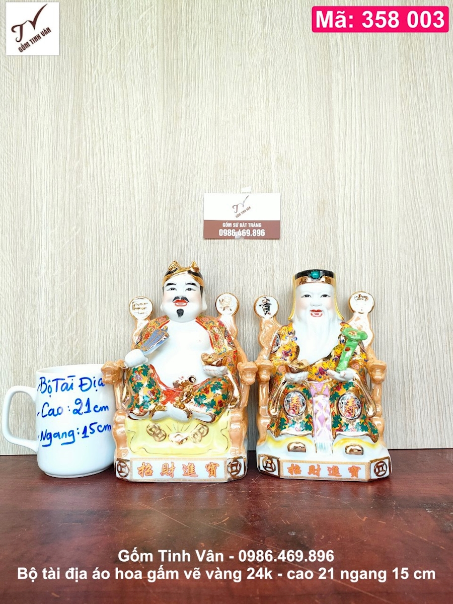 Bộ 2 tượng tài địa, mã 358003, áo hoa gấm, vẽ vàng 24 k cao cấp, cao 21 cm, đồ thờ cúng phong thủy, gốm bát tràng tinh vân