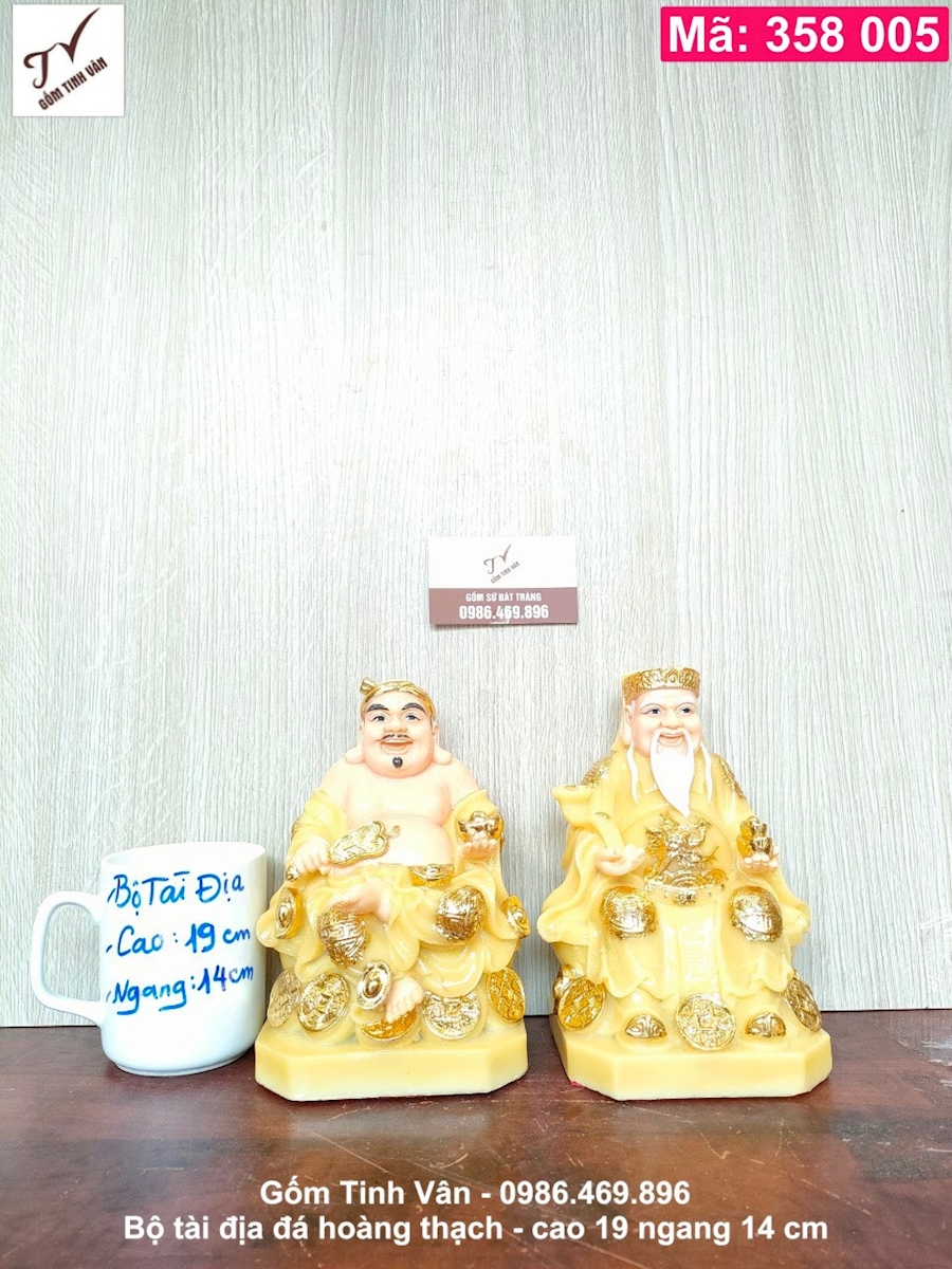 Bộ 2 tượng tài địa, mã 358005, đá hoàng thạch vẽ vàng 24k cao cấp, cao 19 ngang 14 cm, đồ thờ cúng phong thủy, gốm bát tràng tinh vân