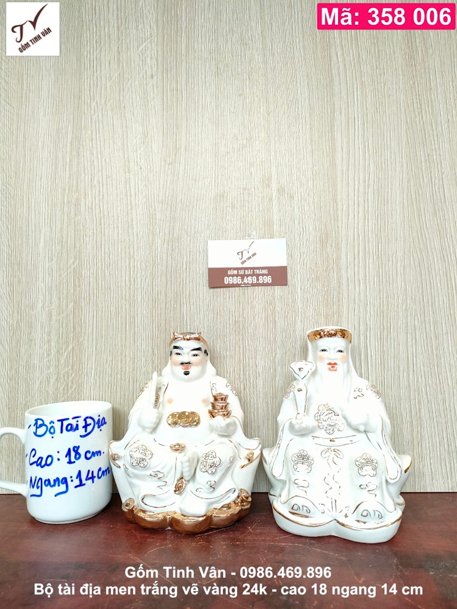 Bộ 2 tượng thần tài địa, mã 358006, men trắng vẽ vàng 24k cao cấp, cao 18 ngang 14 cm, đồ thờ cúng phong thủy, gốm bát tràng tinh vân
