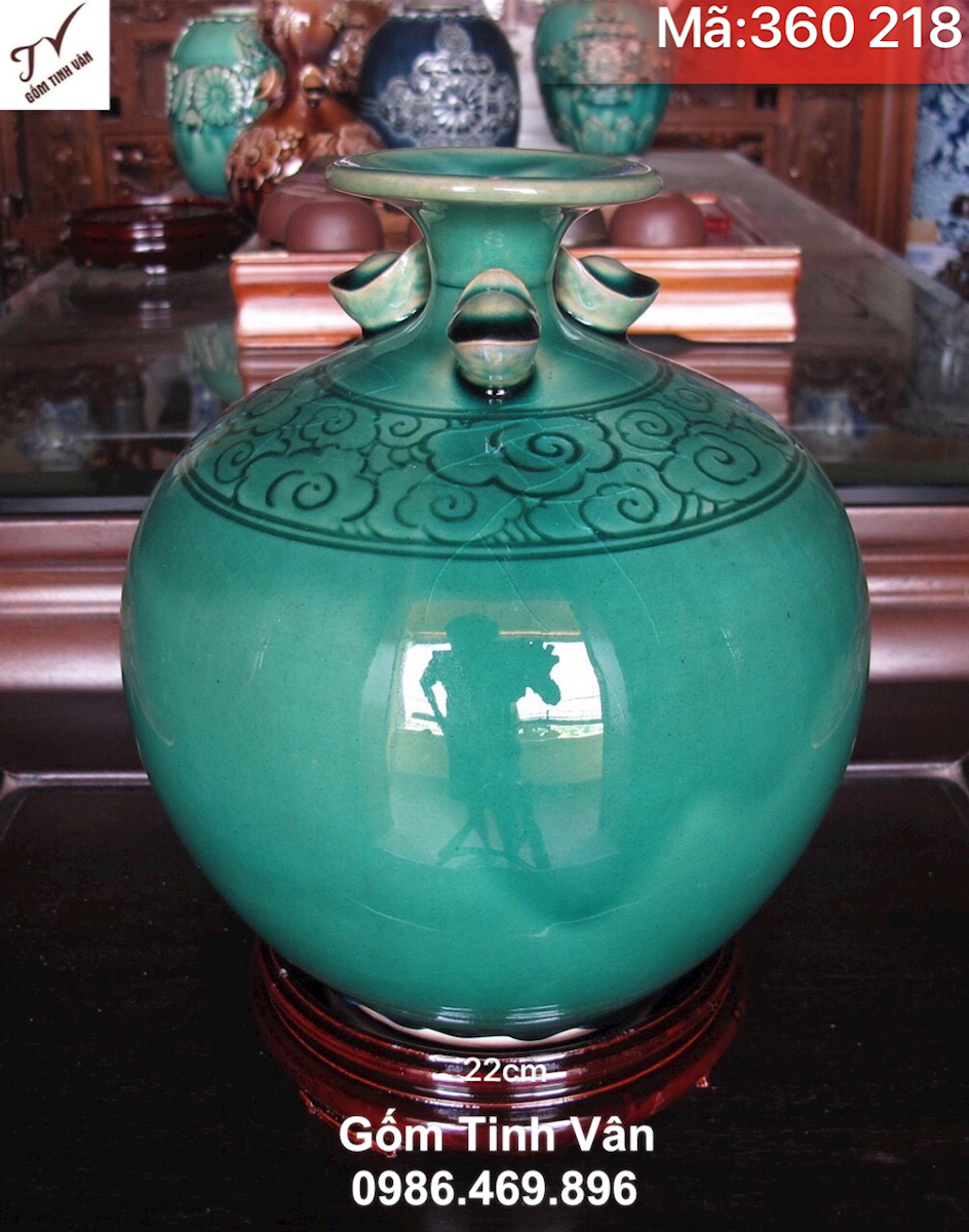 Bình hút tài lộc men xanh ngọc lục bảo, mã 360218, chạm khắc hoa văn, cao 22 cm, bình phong thuỷ gốm bát tràng cao cấp