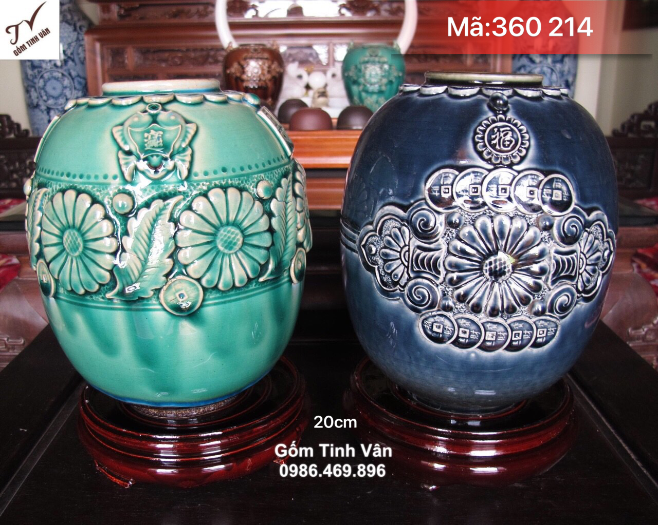 Cặp đôi Bình gốm phong thuỷ phát tài phát lộc, cao 20 cm, mã 360214, màu sắc theo mệnh, chạm khắc hoa văn nổi 3D, gốm bát tràng cao cấp