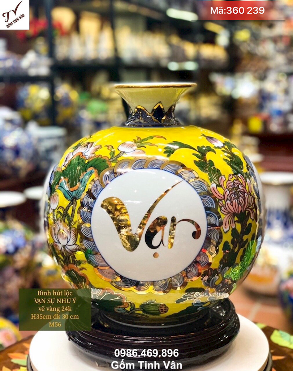 Bình hút tài lộc men vàng hoàng kim vẽ vàng 24k, mã 360239, cao 35 đk 30 cm, bình hút lộc vạn sự như ý, gốm phong thuỷ bát tràng