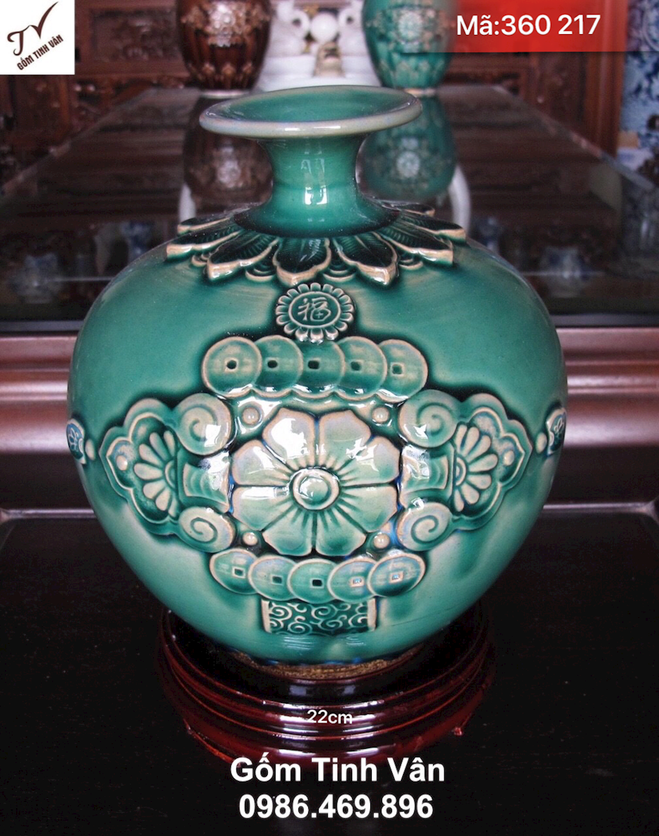 Bình hút tài lộc men xanh ngọc lục bảo, mã 360217, hoa văn đắp nổi 3D, cao 22 cm, bình phong thuỷ gốm bát tràng cao cấp