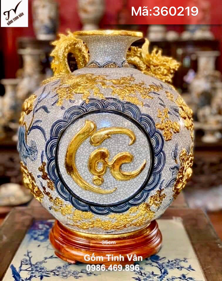 Bình hút tài lộc men rạn cổ đắp rồng nổi 3D, rát vàng 24k, mã 360219, cao 35 cm, bình phong thuỷ gốm bát tràng cao cấp