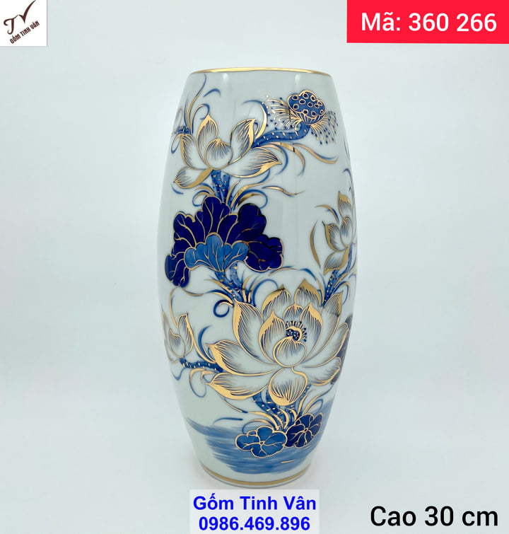 Bình gốm hoa sen xanh lam vẽ vàng 24 k cao cấp, mã 360266, cao 30 ngang 15 cm, trưng bày sang trọng, gốm sứ bát tràng tinh vân