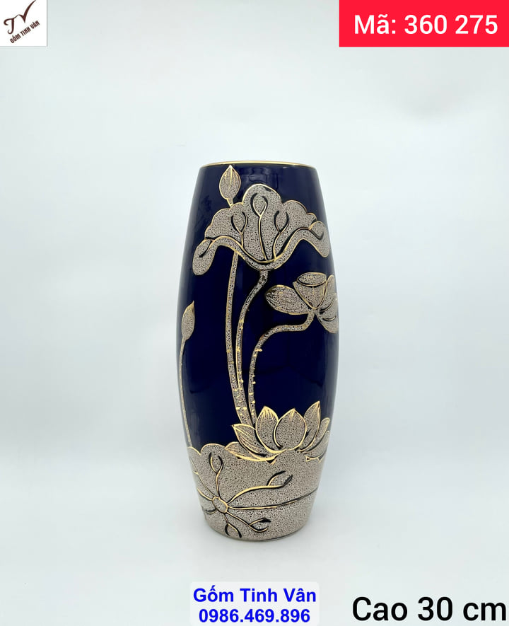 Bình gốm phong thủy hoa sen xanh lam truyền thống vẽ vàng 24k , mã 360275, cao 30 ngang 14 cm, gốm sứ bát tràng tinh vân
