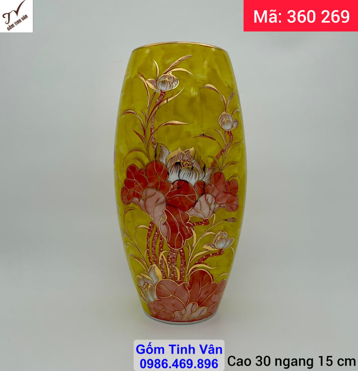 Bình gốm phong thủy men vàng vẽ hoa sen hồng, bình an may mắn, tài lộc, mã 360269, cao 30 ngang 15 cm, trang trí nội thất, trưng bày phòng khách, phòng thờ, gốm sứ bát tràng tinh vân