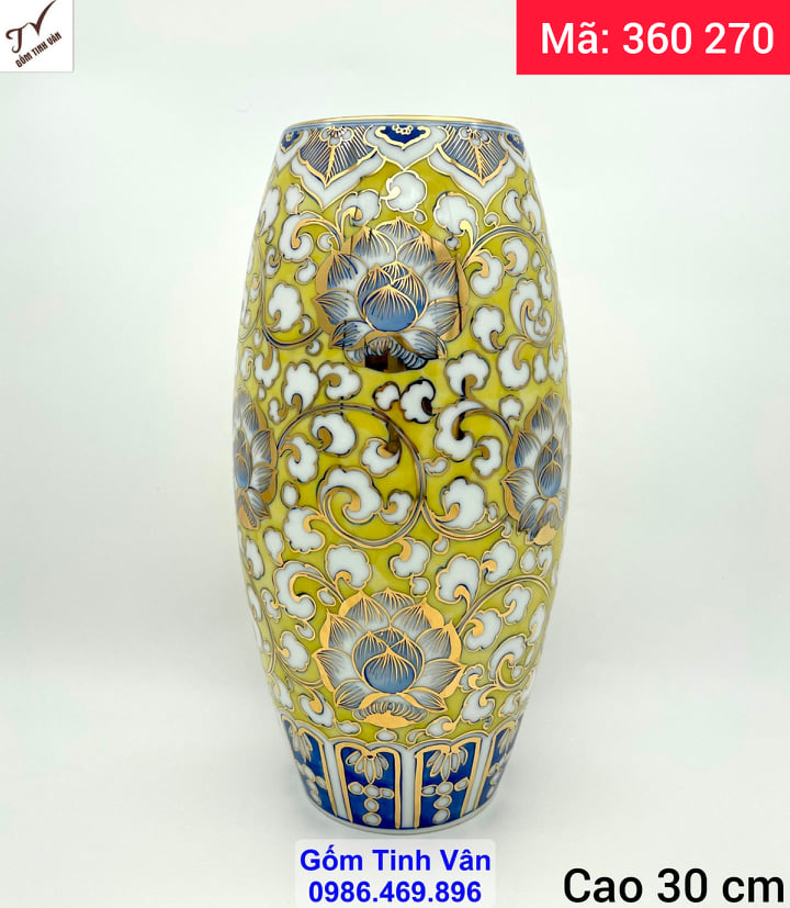 Bình gốm phong thủy men vàng vẽ hoa sen xanh lam, vẽ vàng 24k, bình an may mắn, tài lộc, mã 360270, cao 30 ngang 15 cm, trang trí nội thất, trưng bày phòng khách, phòng thờ, gốm sứ bát tràng tinh vân