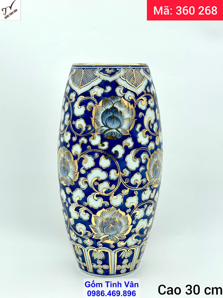 Bình gốm phong thủy men xanh lam truyền thống vẽ hoa sen, bình an may mắn, tài lộc, mã 360268, cao 30 ngang 15 cm, trang trí nội thất, trưng bày phòng khách, phòng thờ, gốm sứ bát tràng tinh vân
