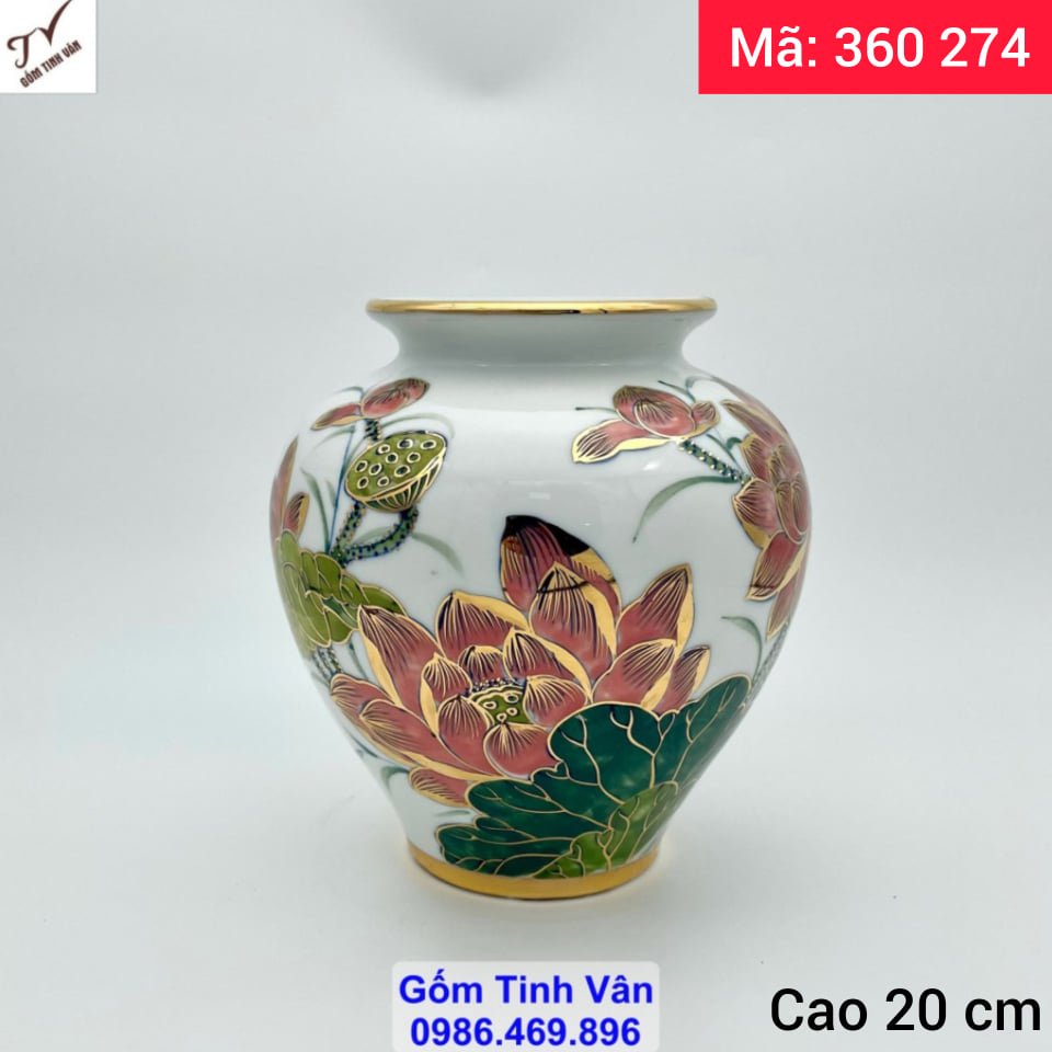 Bình gốm phong thủy vẽ hoa sen hồng, vẽ vàng 24 k cao cấp, mã 360274, cao 20 ngang 18 cm, gốm sứ bát tràng tinh vân