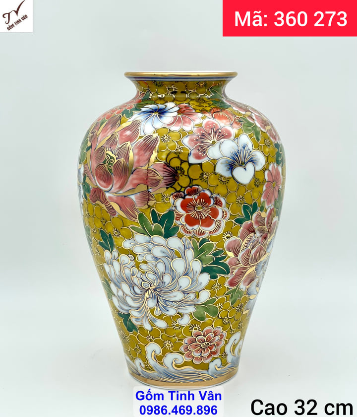 Bình gốm phong thủy vẽ trăm hoa đua nở, ngàn hoa phát tài, vẽ vàng 24 k cao cấp, mã 360273, cao 32 ngang 20 cm, gốm sứ bát tràng tinh vân