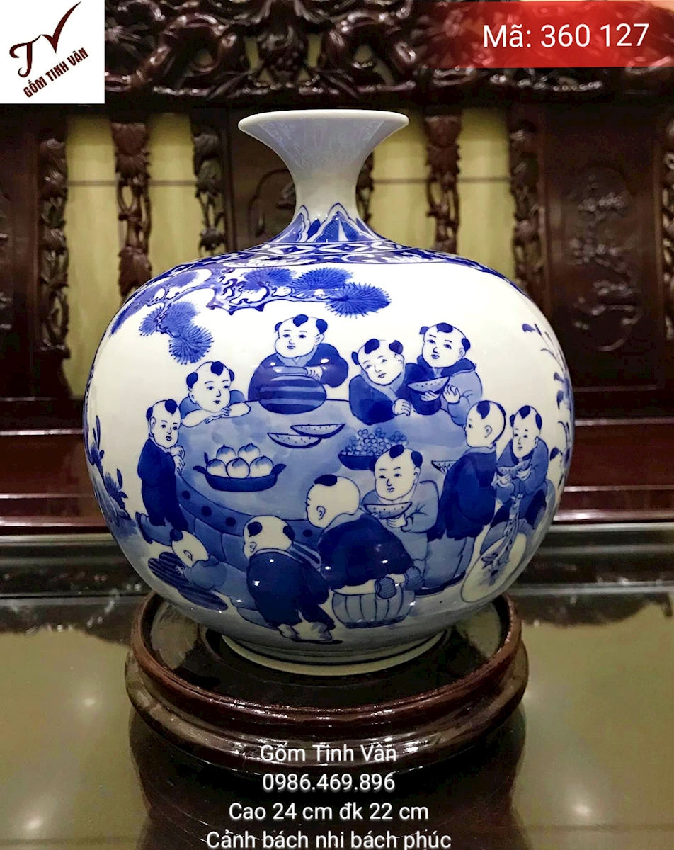 Bình hút lộc vuốt tay, mã 360127, vẽ kỹ cảnh bách nhi bách phúc, phúc lộc đầy nhà, con cháu sum vầy, gốm sứ bát tràng tinh vân