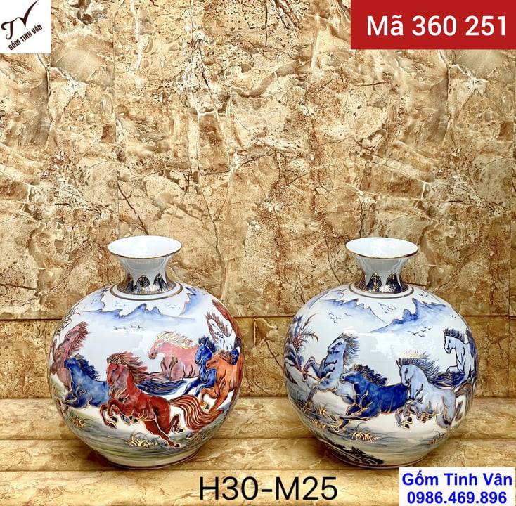 Bình hút tài lộc mã đáo thành công, bát mã truy phong, mã 360251, cao 30 ngang 25 cm, vẽ tay tinh xảo, bình gốm phong thủy, gốm sứ bát tràng tinh vân