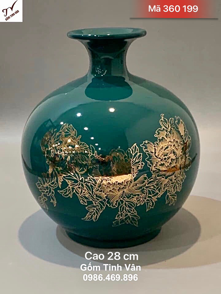 Bình hút tài lộc men xanh ngọc lục bảo, mã 360199, hoa văn chim hoa vẽ vàng 24k, cao 28 cm, gốm bát tràng cao cấp