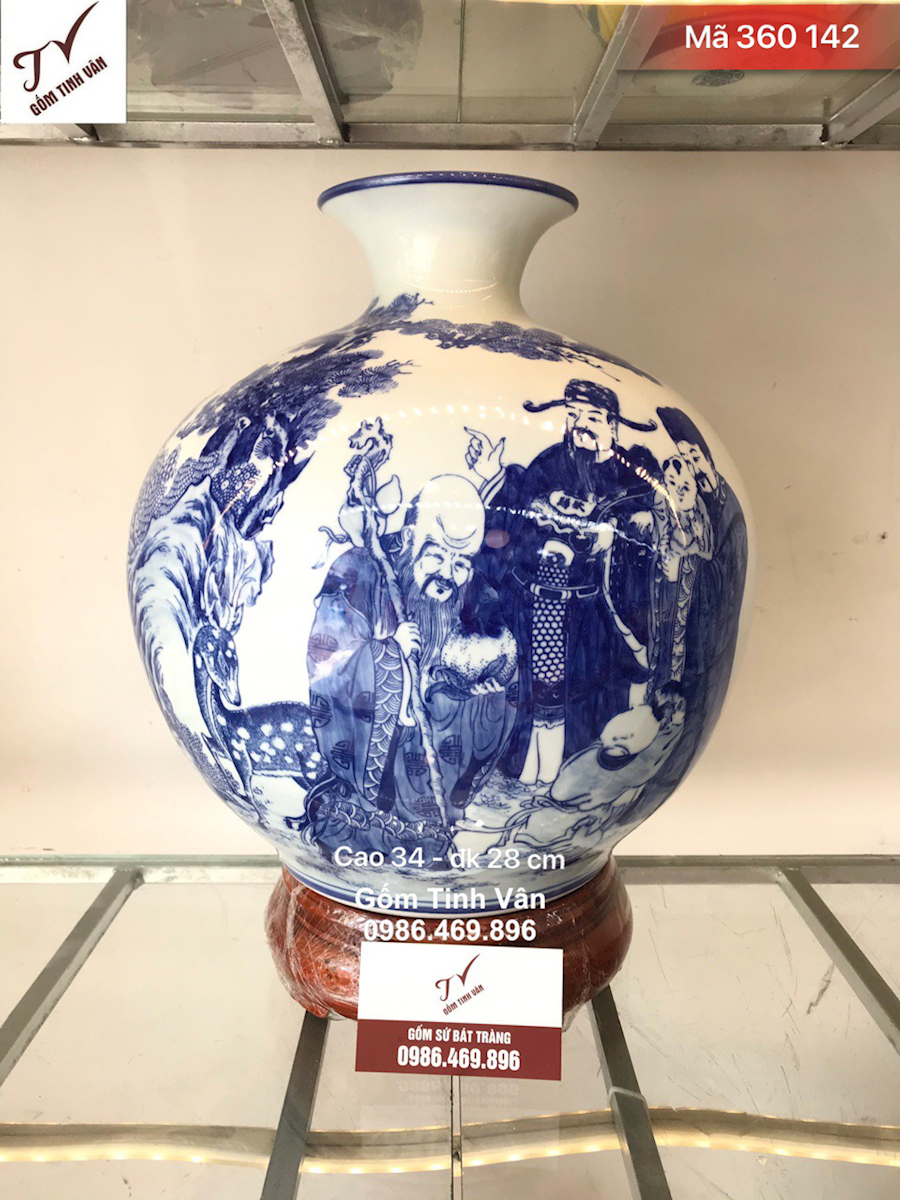 Bình hút tài lộc phong thuỷ, mã 360142, cao 34 dk 28 cm, tam đa phúc lộc thọ, xanh lam truyền thống, gốm bát tràng cao cấp