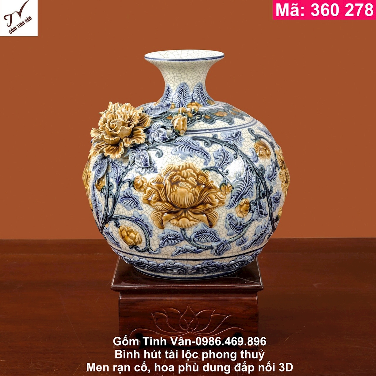 Bình hút tài lộc phong thủy, mã 360278, men rạn cổ, hoa phù dung, mẫu đơn đắp nổi 3D cao cấp, cao 30 ngang 26 cm, tặng kèm chân đế gỗ hương chạm khắc hoa sen sang trọng, hoa văn chạm trổ tinh xảo sắc nét, gốm sứ bát tràng tinh vân