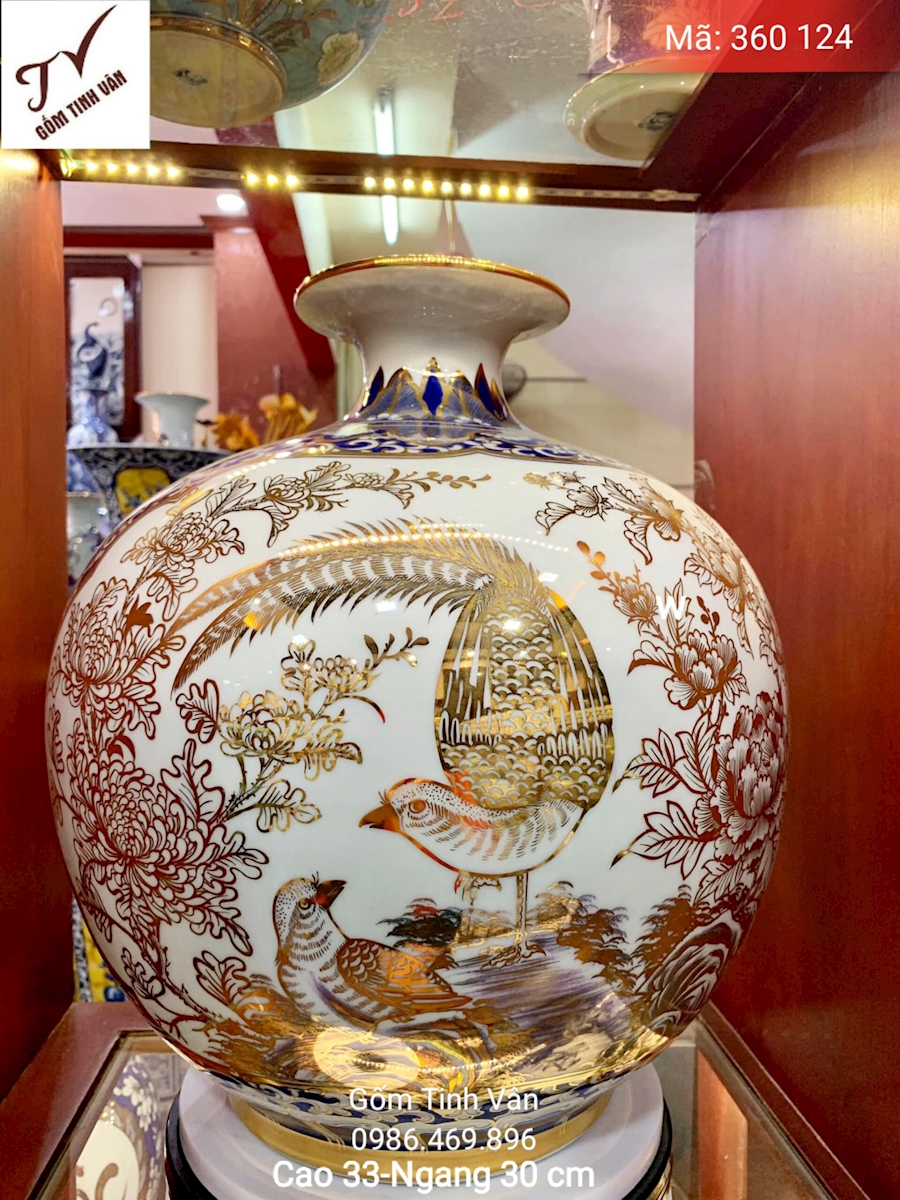 Bình hút tài lộc vẽ vàng 24k, mã 360124, vẽ tay cảnh chim hoa, mùa xuân, đâm chồi nảy lộc, mang lộc tài đến gia chủ, men trắng, cao 33 ngang 30 cm, gốm sứ bát tràng, tinh vân cao cấp