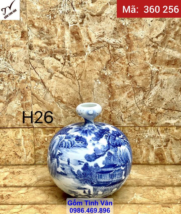 Bình hút tài lộc vuốt tay, kiểu dáng độc đáo, cao 26 ngang 22 cm, mã 360256, bình gốm phong thủy hút tài lộc, hoa văn vẽ tay tinh xảo cảnh sơn thủy hữu tình sắc nét, màu xanh lam cổ truyền, gốm sứ bát tràng tinh vân