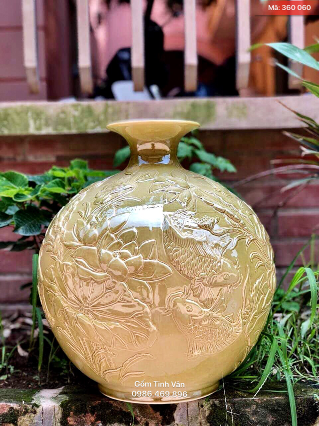 Bình hút tài lộc, mã 360060, men tro cổ, cao 30 cm, gốm bát tràng, tinh vân