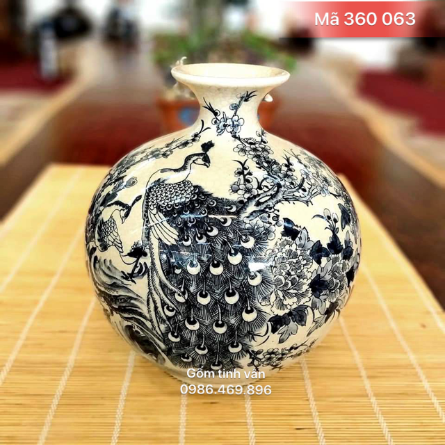 Bình hút tài lộc, mã 360063,  men cổ chu đậu, vẽ chim công hoa đào, vinh hoa phú quý, cao 30 cm, gốm bát tràng, tinh vân
