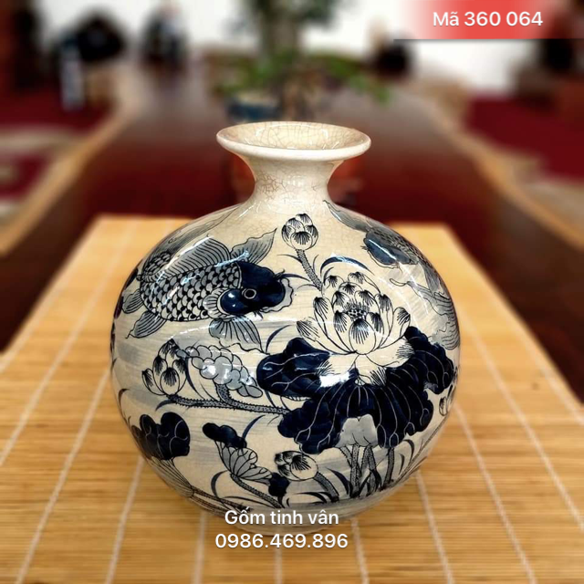 Bình hút tài lộc, mã 360064,  men rạn cổ chu đậu, vẽ cá chép hoa sen, bình an may mắn, cao 30 cm, gốm bát tràng, tinh vân
