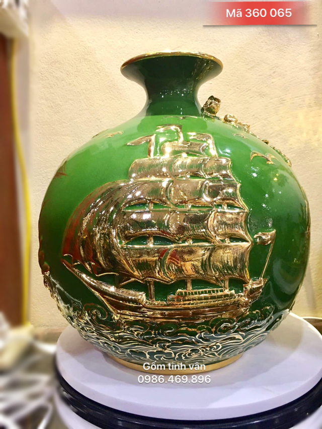 Bình hút tài lộc, mã 360065, men xanh ngọc lục bảo, rát vàng 24k, gốm bát tràng, tinh vân