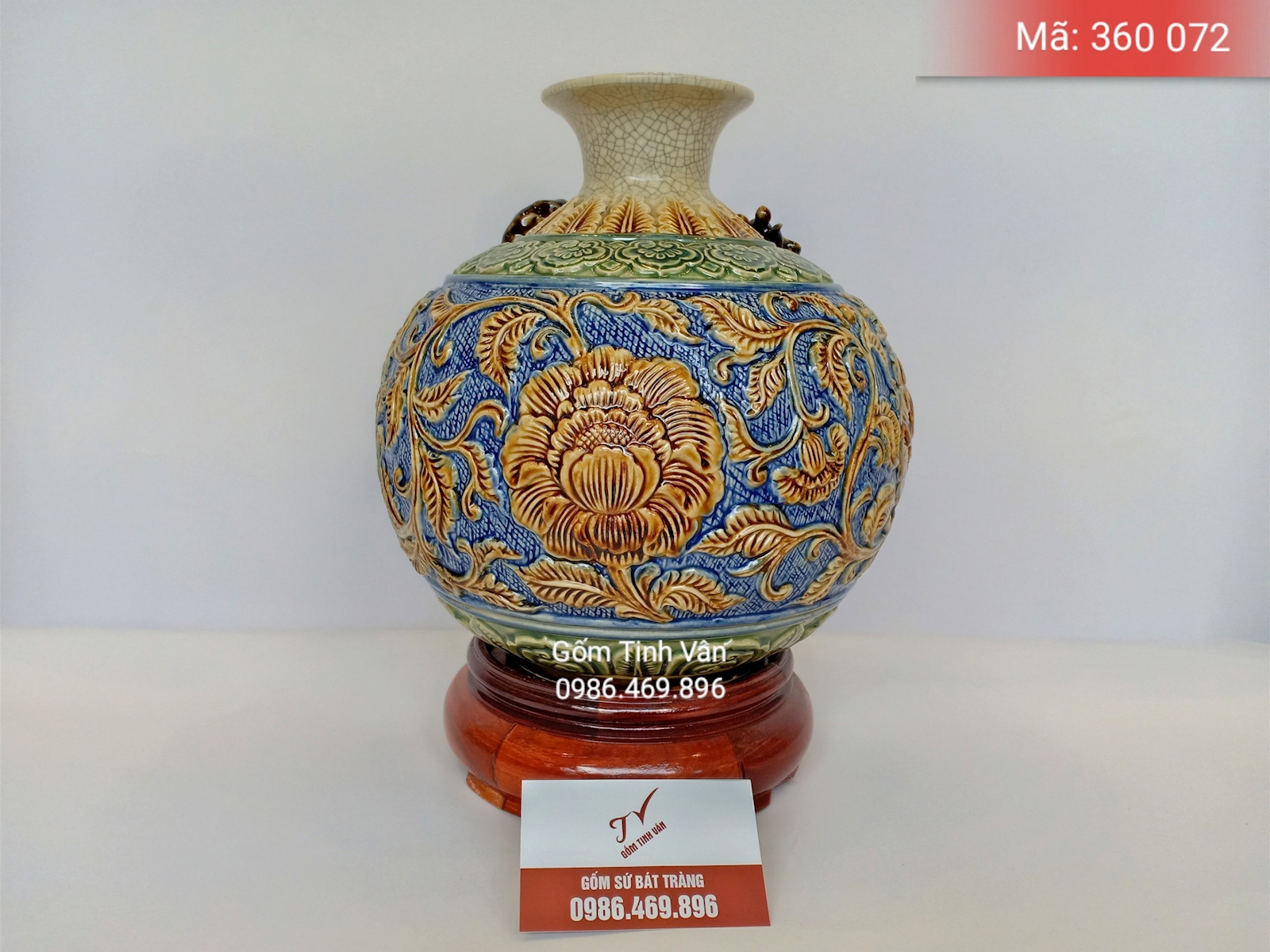 Bình hút tài lộc, mã 360072, men rạn cổ, hoa phù dung, chạm khắc nổi, cao 26 cm, gốm bát tràng, tinh vân