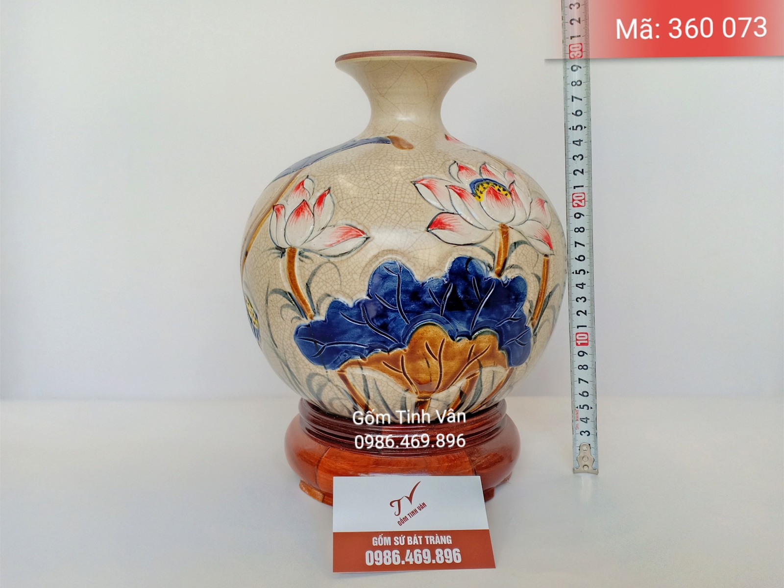 Bình hút tài lộc, mã 360073, hoa sen hồng đắp nổi, gốm sứ bát tràng, tinh vân