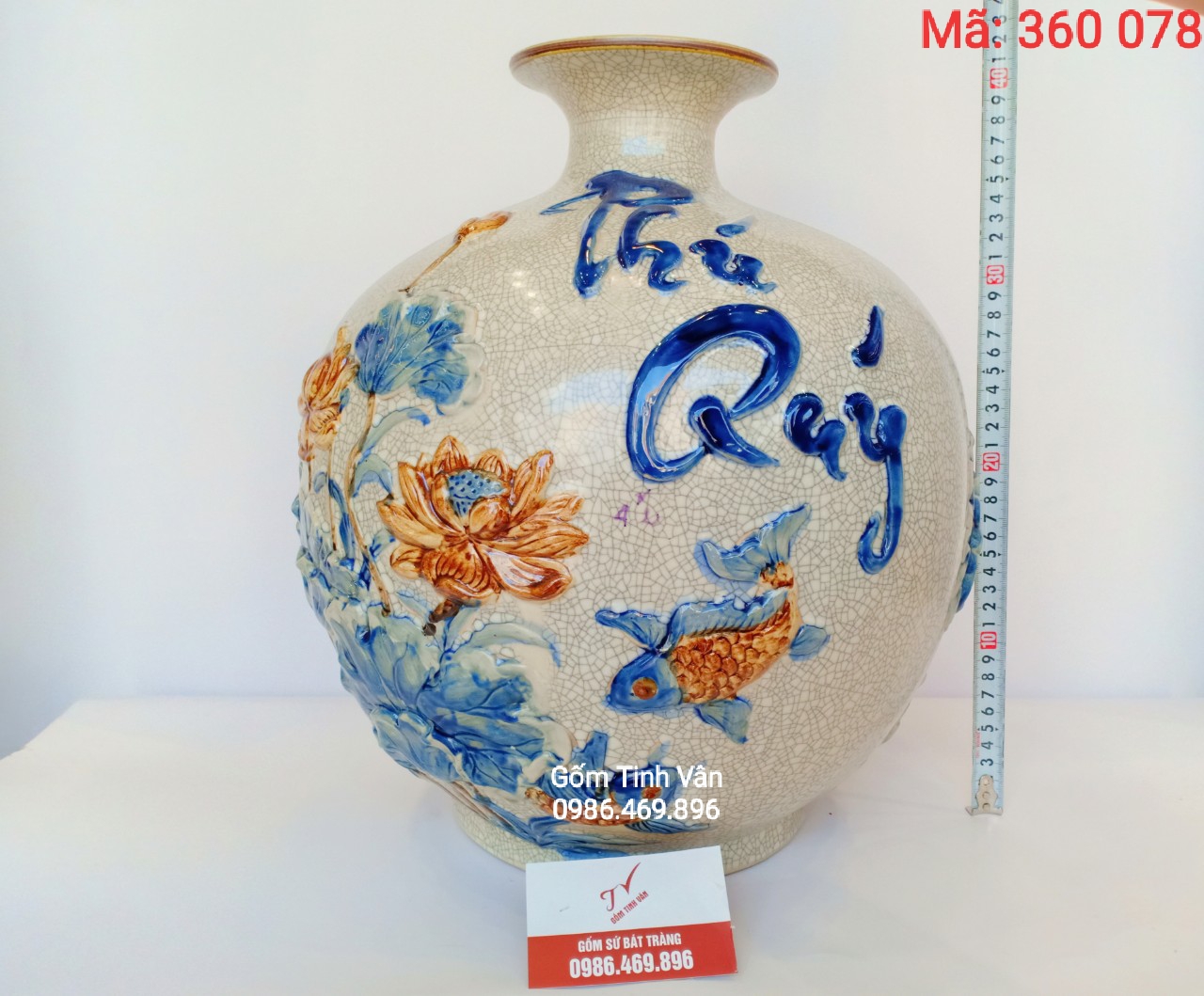 Bình hút tài lộc, mã 360078, men rạn cổ, đắp nổi, hoa sen phú quý, gốm bát tràng, tinh vân