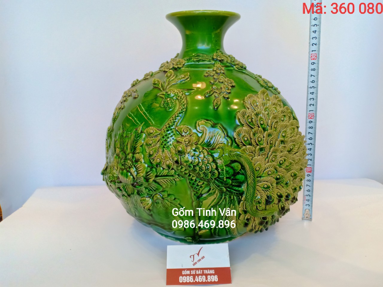 Bình hút tài lộc, mã 360080, men xanh ngọc lục bảo, chim công đắp nổi, vinh hoa phú quý, cao 38 cm gốm bát tràng, tinh vân