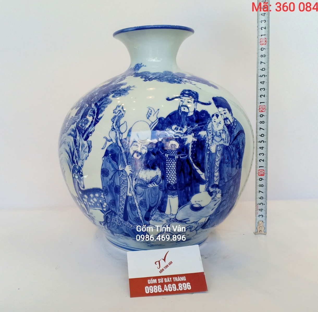 Bình hút tài lộc, mã 360084, vẽ tay cảnh phúc lộc thọ, cao 32 cm,   xanh lam, gốm bát tràng, tinh vân