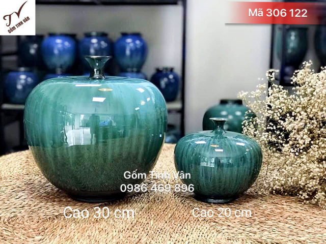 Bình hút tài lộc, mã 360122, men xanh lục hoả biến, cao 20 cm và 30 cm, gốm vuốt tay, gốm bát tràng tinh vân