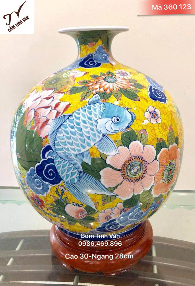 Bình hút tài lộc, mã 360123, cửu ngư quần tụ, đời đời no đủ, hoa văn vẽ kỹ, sắc nét, cao 30 cm, ngang 28 cm, gốm bát tràng, tinh vân