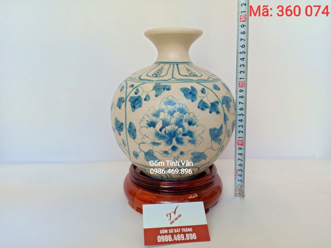 Bình hút tài lộc, men rạn cổ, mã 360074, vẽ tay hoa phù dung cổ, cao 26 cm, gốm bát tràng, tinh vân