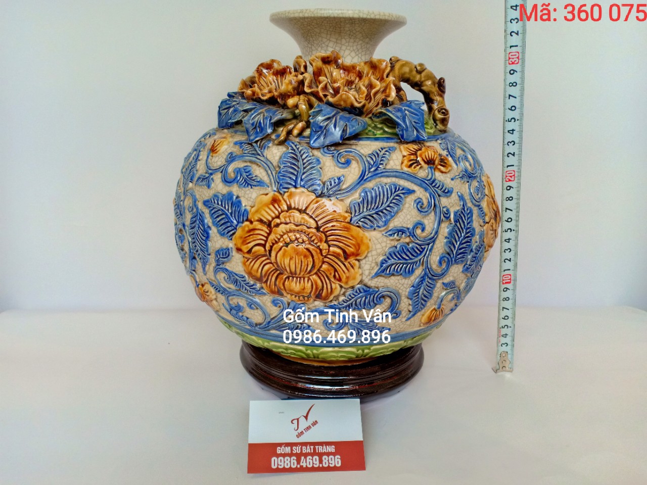 Bình hút tài lộc, men rạn cổ, mã 360075, đắp nổi hoa phù dung, cao 30 cm, gốm bát tràng, tinh vân