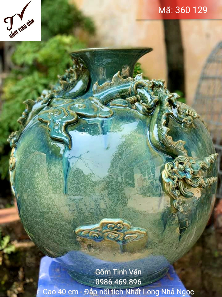 Bình hút tài lộc, men xanh ngọc hoả biến, mã 360129, đắp nổi, cao 40 cm, gốm sứ bát tràng, tinh vân